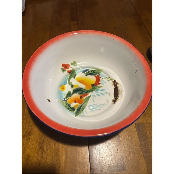 Vintage Large Floral Pattern Enamel Tin Serving Bowl Retro 12.5” repurposed - Picture 1 of 10